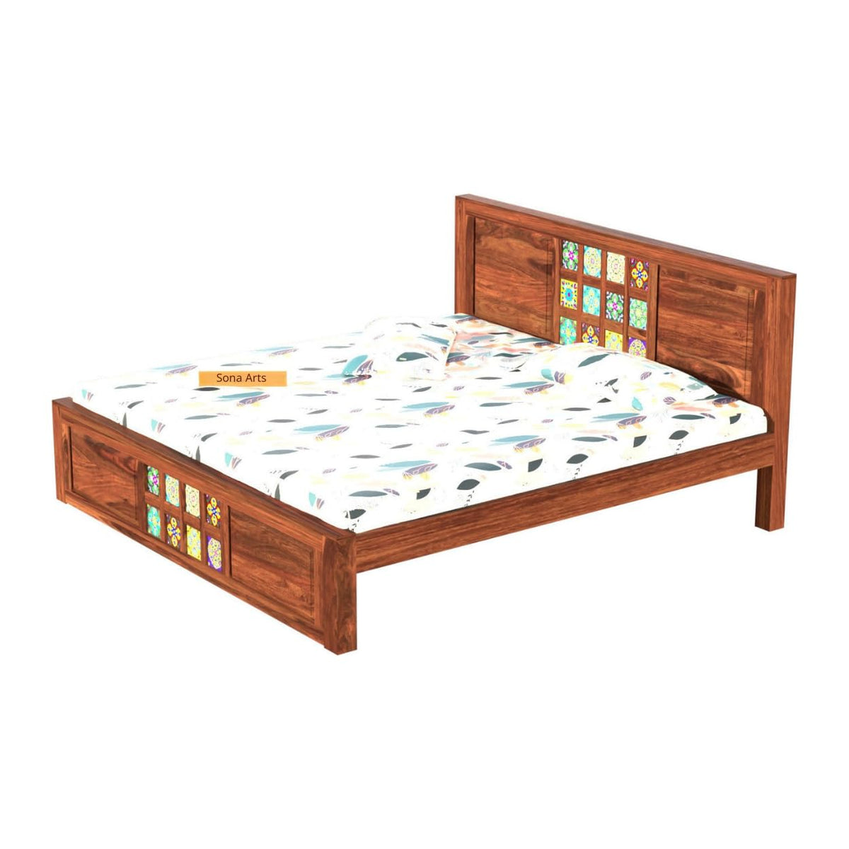 Taurus Solid Sheesham Wood Queen Size Bed without Storage & 2 Bedside Tables - Natural Finish