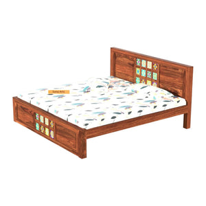 Taurus Solid Sheesham Wood Queen Size Bed without Storage & 2 Bedside Tables - Natural Finish