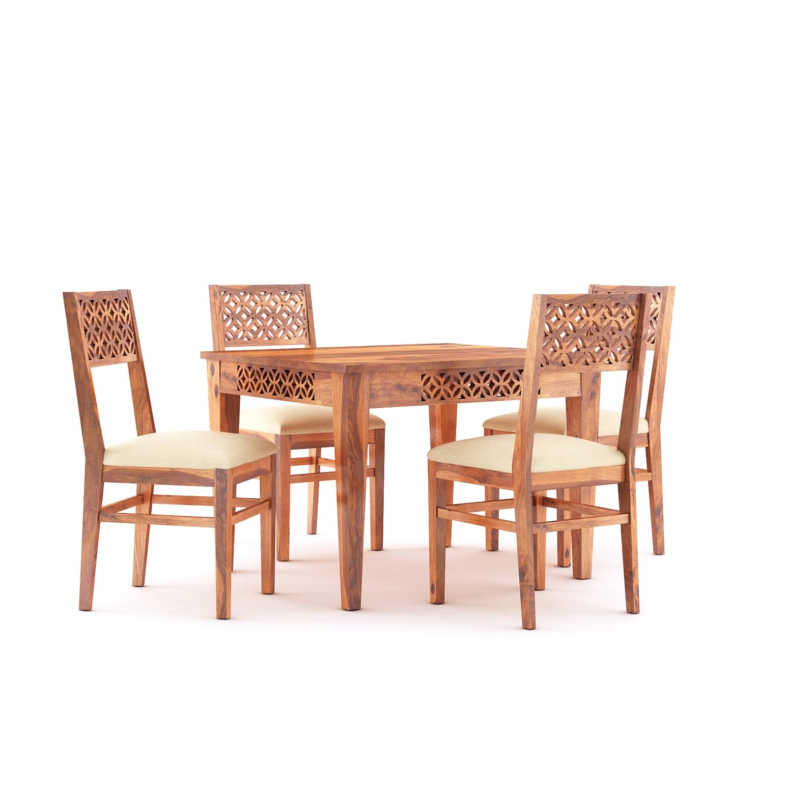 CNC Solid Sheesham Wooden Dining Table 4 Seater Finish - Honey