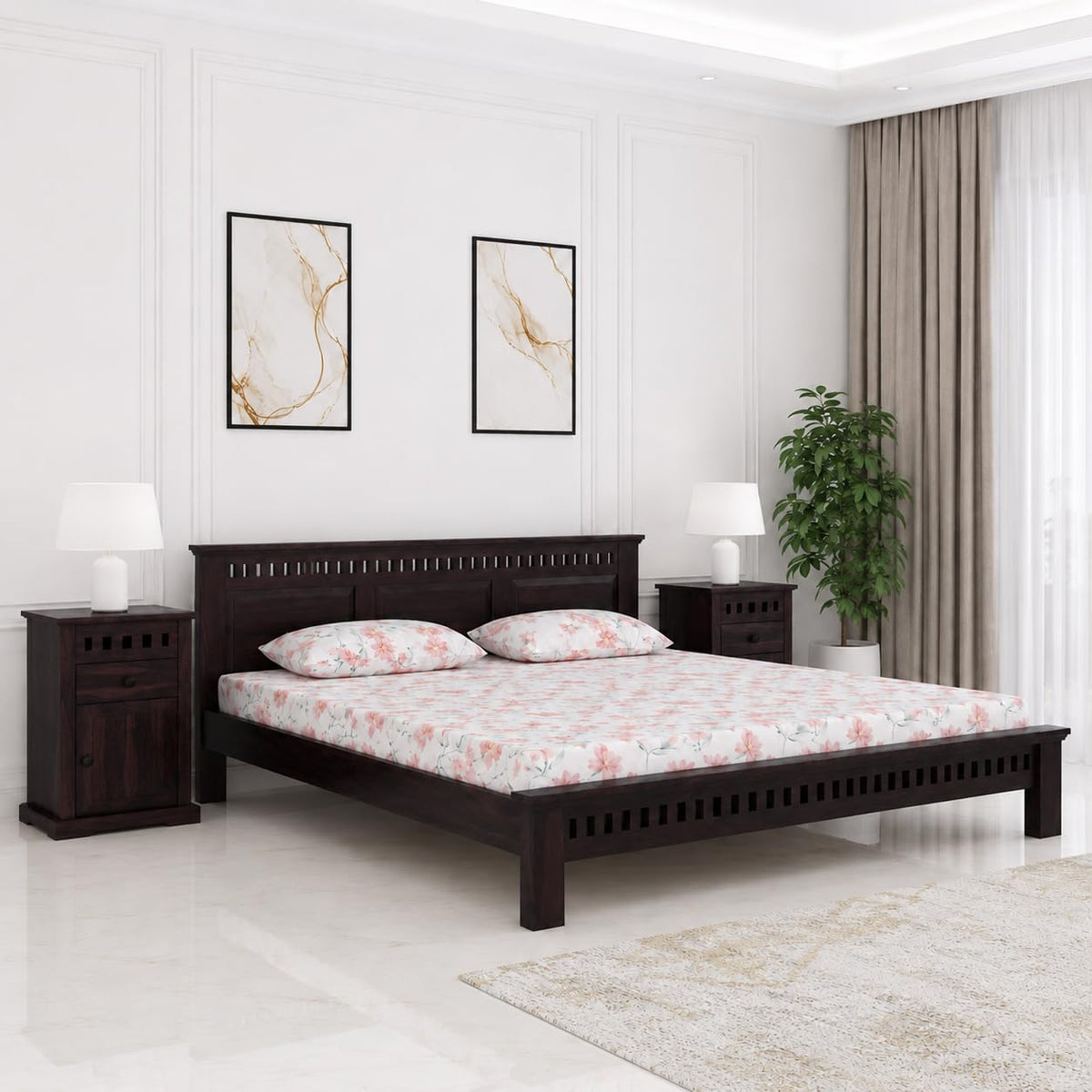 Kuber Platform bed Solid Sheesham Wood King Size Bed without Storage in walnut finish