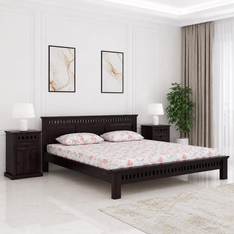 Kuber Platform bed Solid Sheesham Wood Queen Size Bed without Storage - Walnut Finish