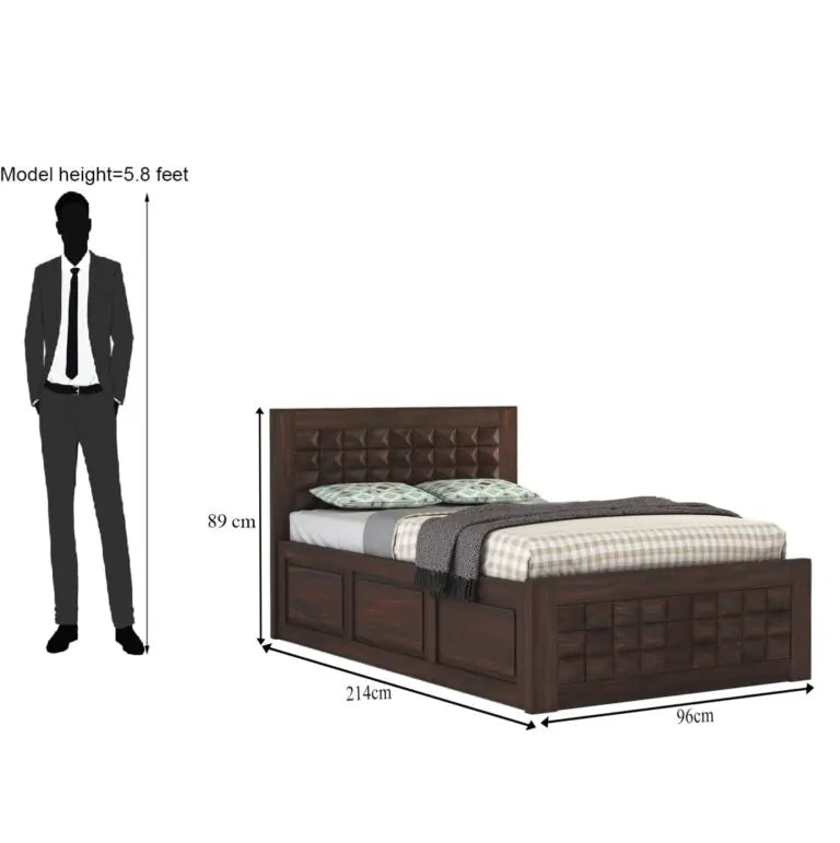 Diamond Solid Sheesham Wood Single Bed with Box Storage - Walnut