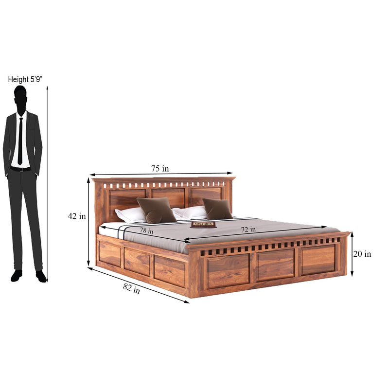 Kuber Solid Sheesham Wood King Size Bed with Box Storage & 2 Bedside Tables - Natural Finish