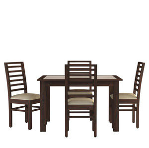 Solid Sheesham Wood Dining Table 4 Seater Dining Table Set with 4 Cushion Chairs & Glass Top Walnut