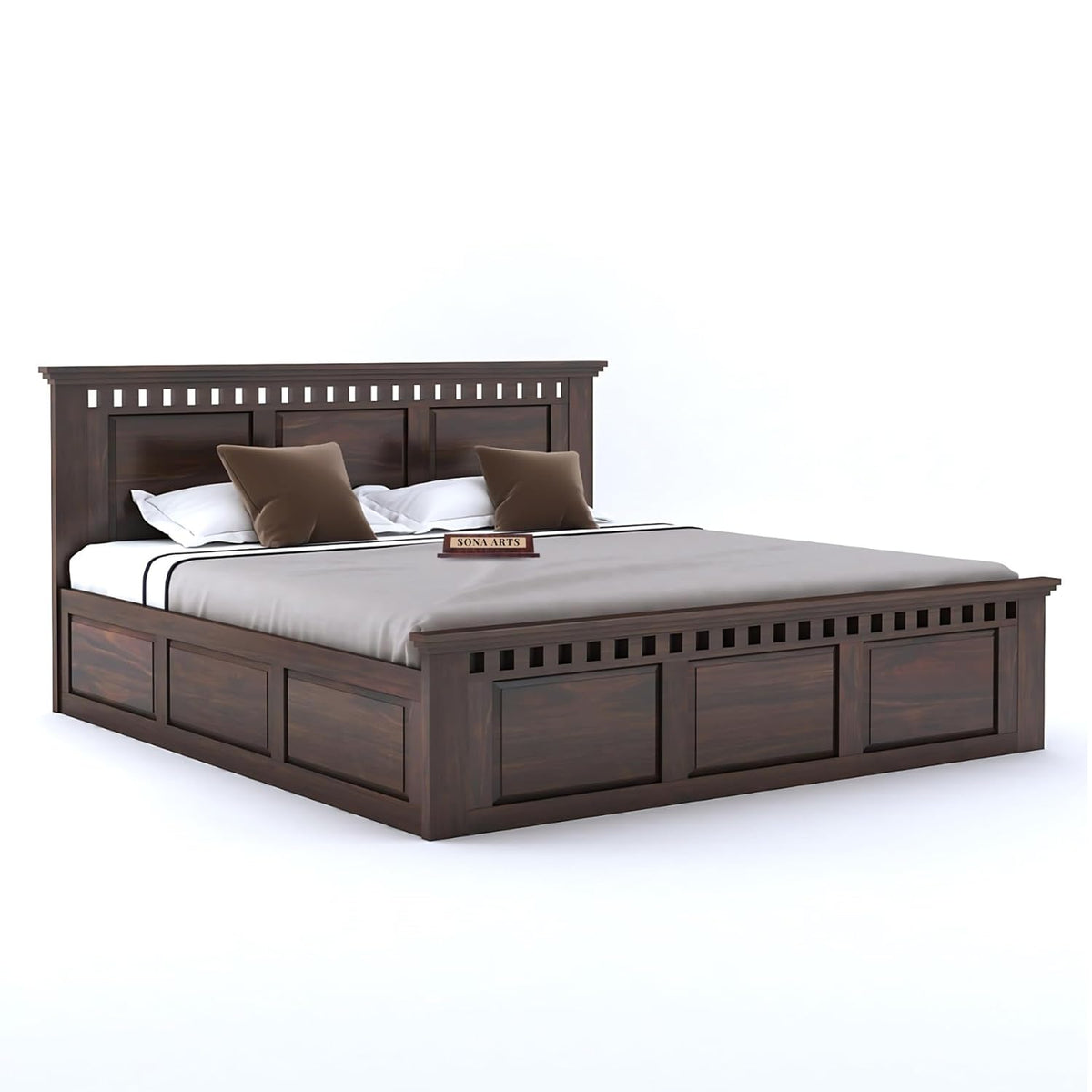 Kuber Solid Sheesham Wood Queen Size Bed with Box Storage & 2 Bedside Tables - Walnut Finish