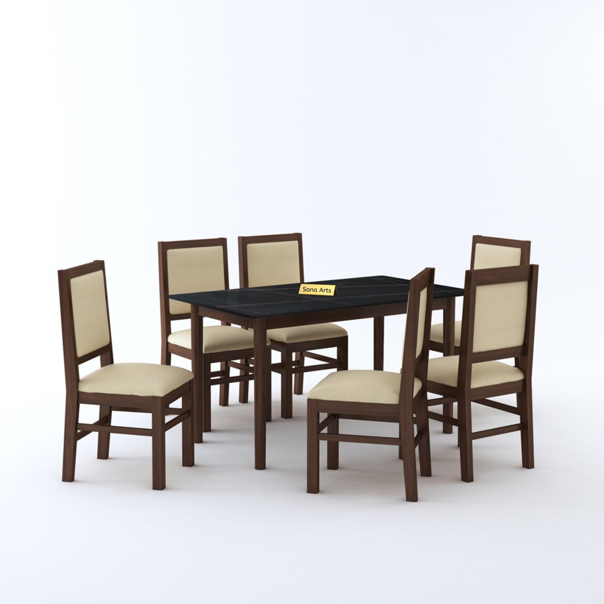 Marble Solid Black Solid Sheesham Wood 6 Seater Dining Table Set - side angle view
