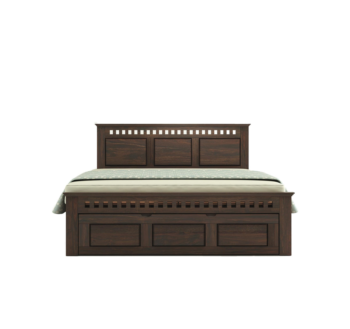 Kuber Solid Sheesham Wood Queen Size Bed with Drawer Storage in walnut finish - close-up of the walnut finish and wood grain