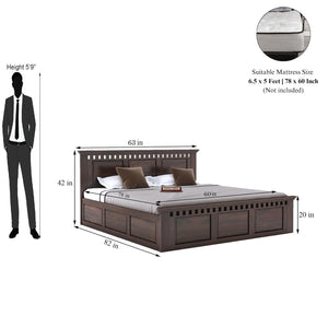 Kuber Solid Sheesham Wood Queen Size Bed with Box Storage & 2 Bedside Tables - Walnut Finish