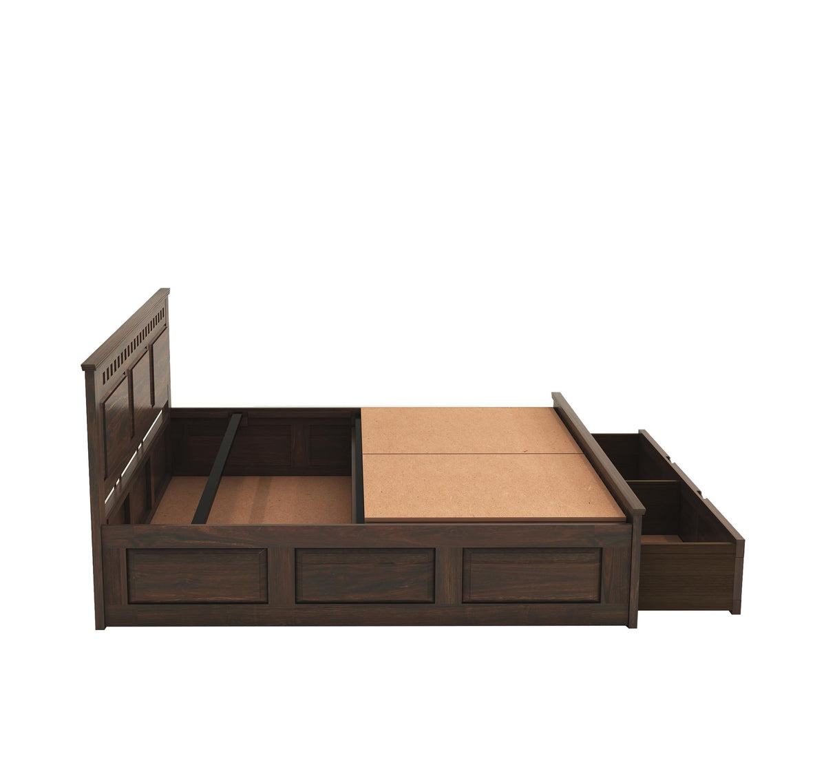 Kuber Solid Sheesham Wood Queen Size Bed with Drawer Storage in walnut finish - corner angle view