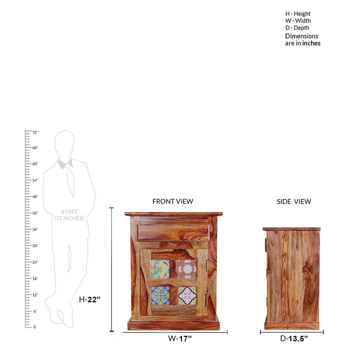 Tile Natural_2 Solid Sheesham Wood Bedside Table in natural finish - alternate view