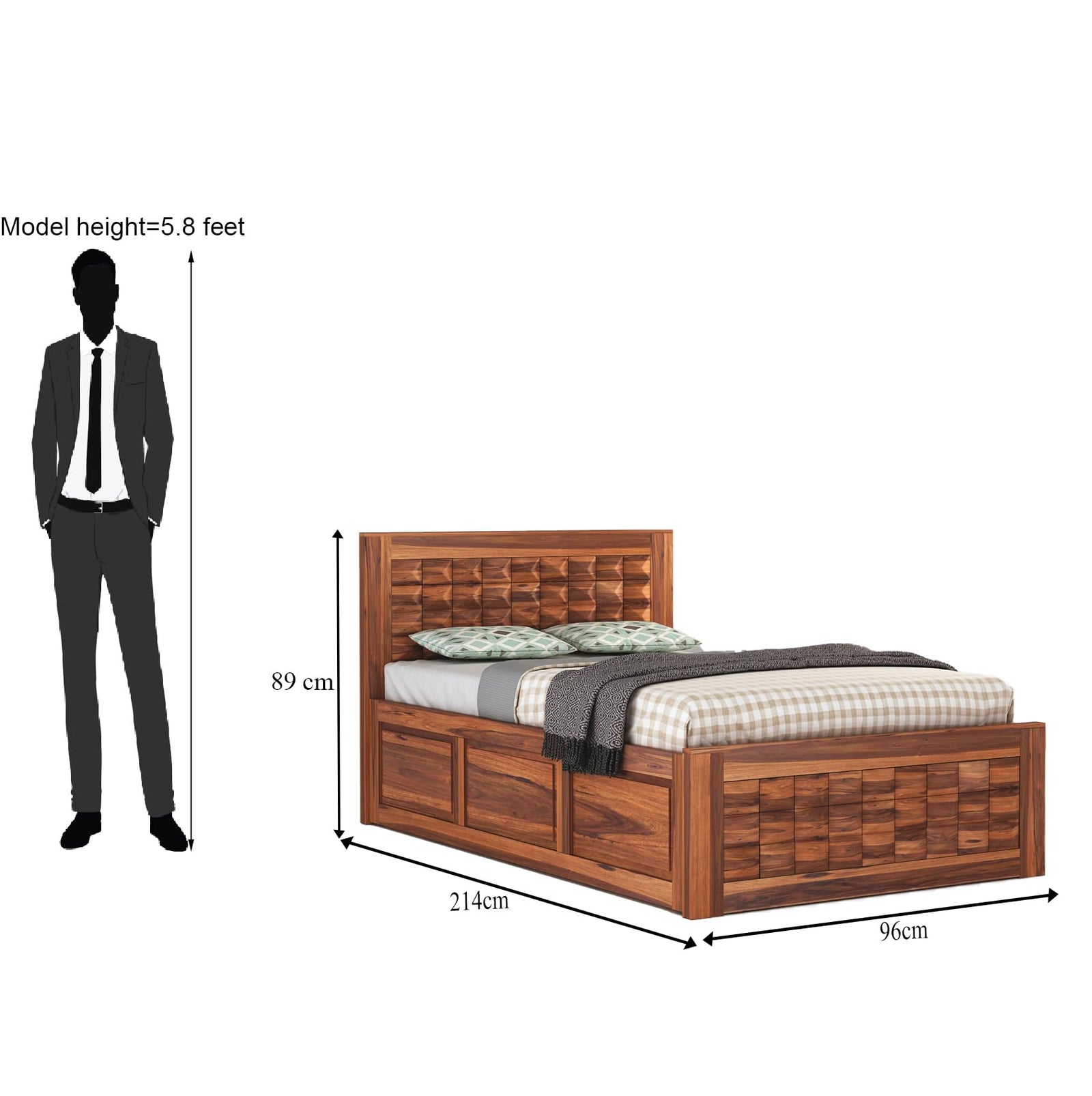 Diamond Solid Sheesham Wood Single Bed with Box Storage Finish - Honey