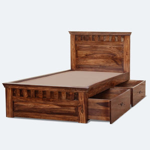 Kuber Sheesham Wood Single Bed Furniture with Two Drawer Storage for Bedroom - Natural Finish