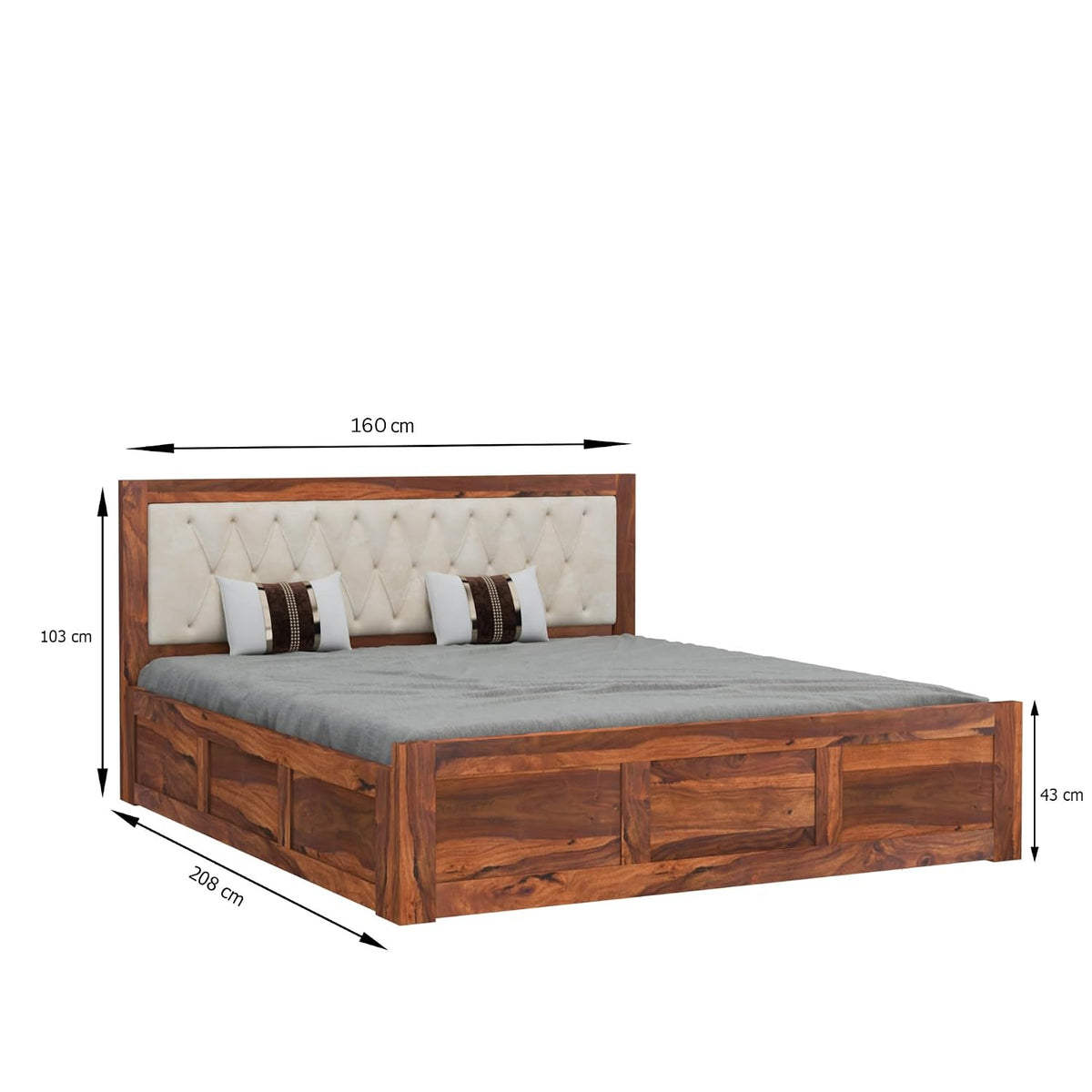 Zeus Solid Sheesham Wood Queen Size Bed with Box Storage & 2 Bedside Tables - Natural Finish