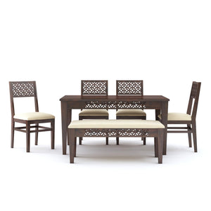 CNC Wooden Dining Table 6 Seater Dining Table Set with 4 Chairs & 1 Bench Walnut Finish