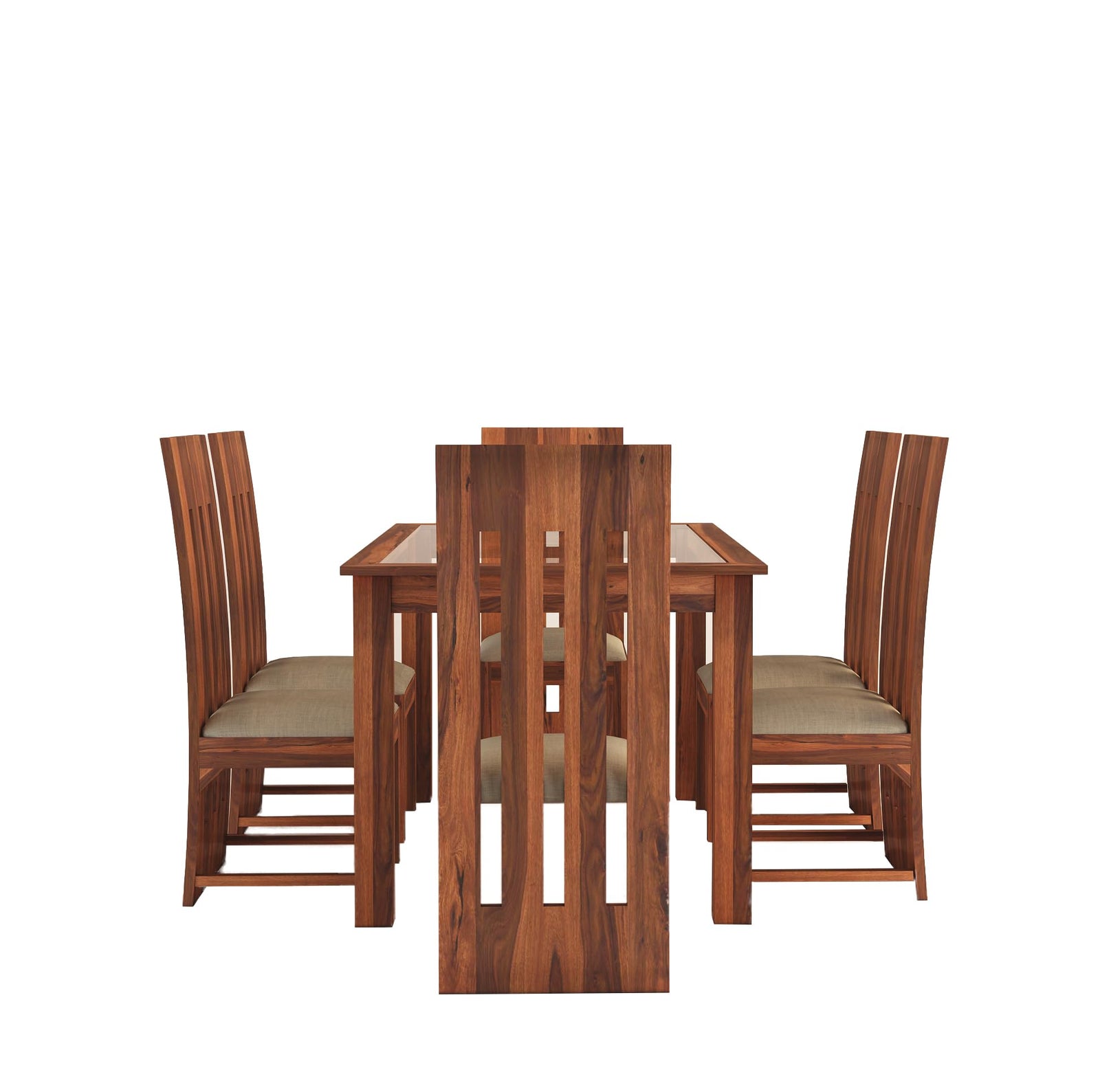Poster Sheesham Wood Dining Table 6 Seater Dining Table Set with 6 Cushion Chairs & Glass Top - Natural Finish