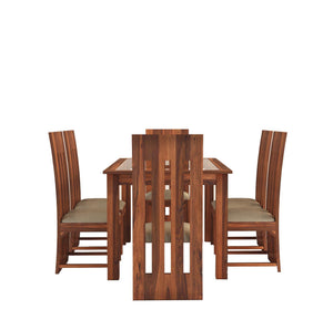Poster Sheesham Wood Dining Table 6 Seater Dining Table Set with 6 Cushion Chairs & Glass Top - Natural Finish