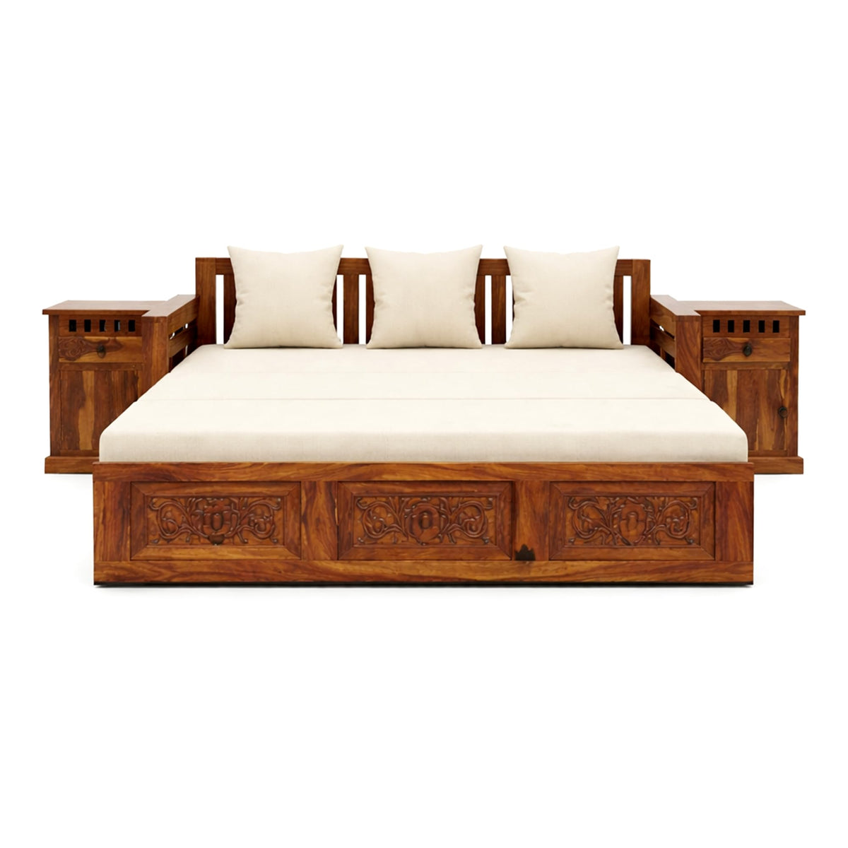 Maharaja With Bedside Solid Sheesham Wood Sofa Cum Bed - Natural Finish