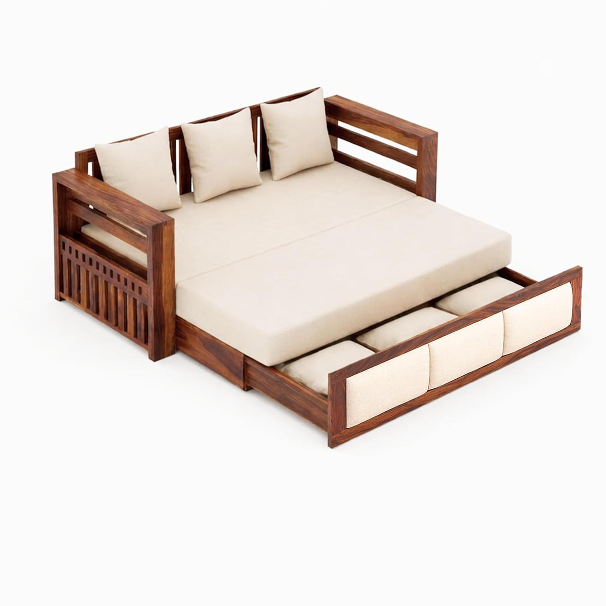 Zeus With Bedside Solid Sheesham Wood Sofa Cum Bed in natural finish - backrest detail