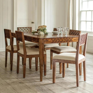 CNC Sheesham Wood 6 Seater Dining Table Set - Natural