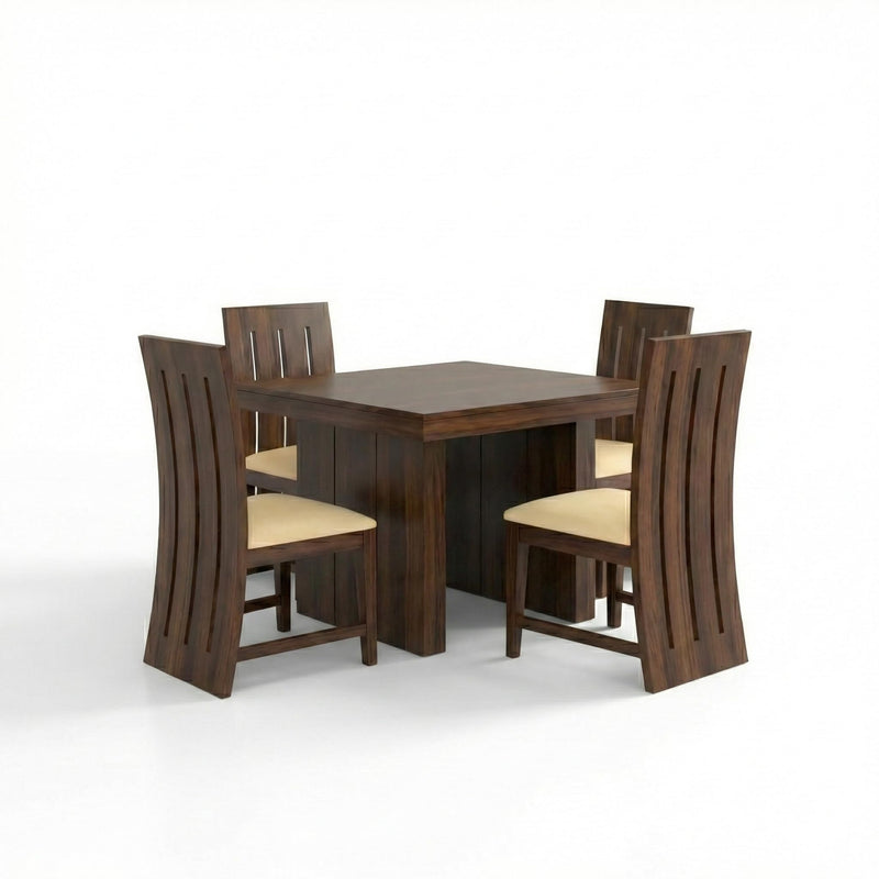 Poster Cushion Solid Sheesham Wood 4 Seater Dining Table Set - Walnut Finish | Poster 4 Seater Cushion Walnut D2