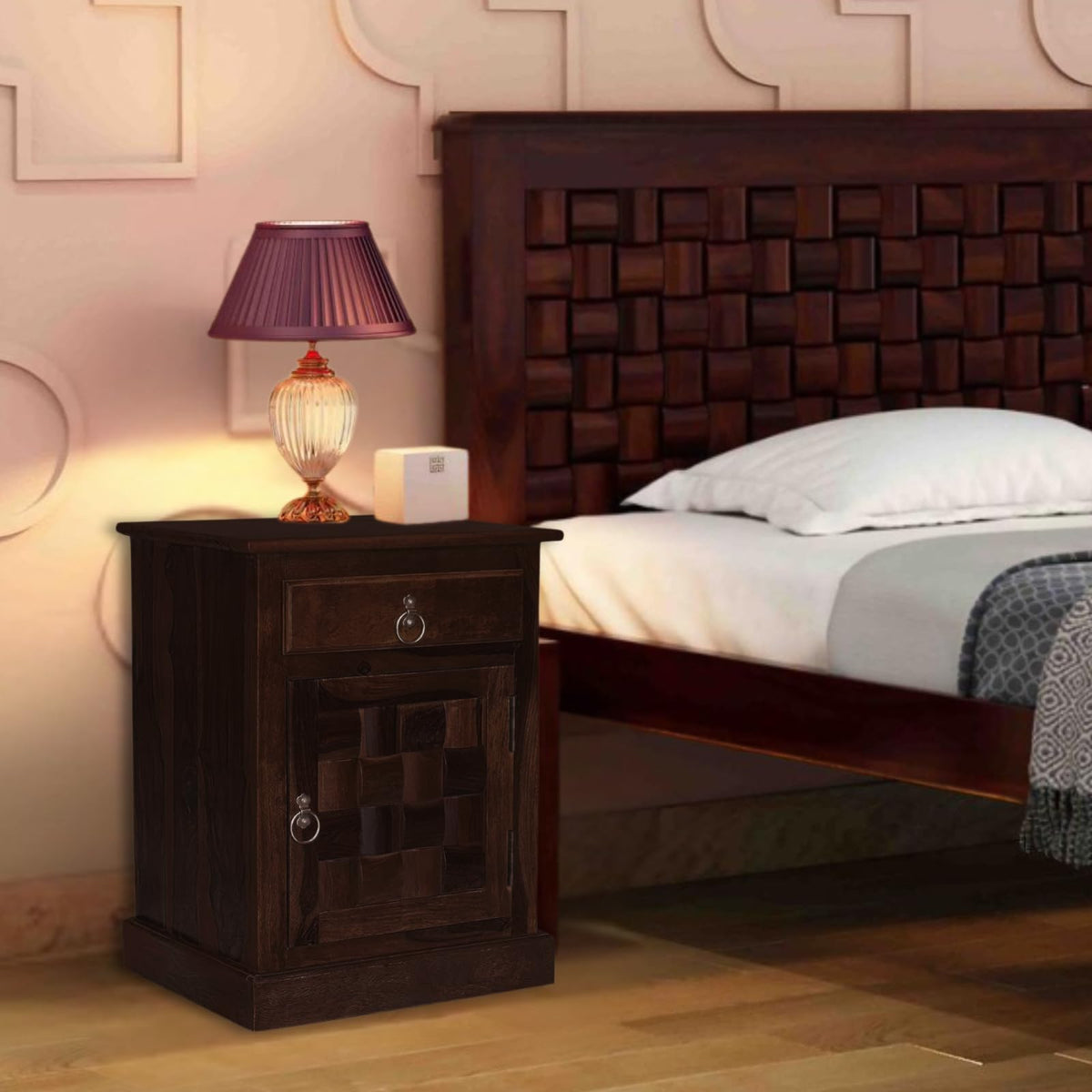 Niwar Solid Sheesham Wood Queen Size Bed with Box Storage & 2 Bedside Tables in natural finish - styled in a bedroom