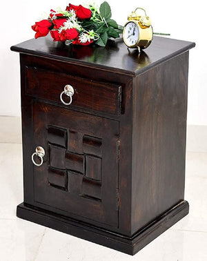 Niwar Solid Wood Bedside Table With Drawer Design - Walnut Finish