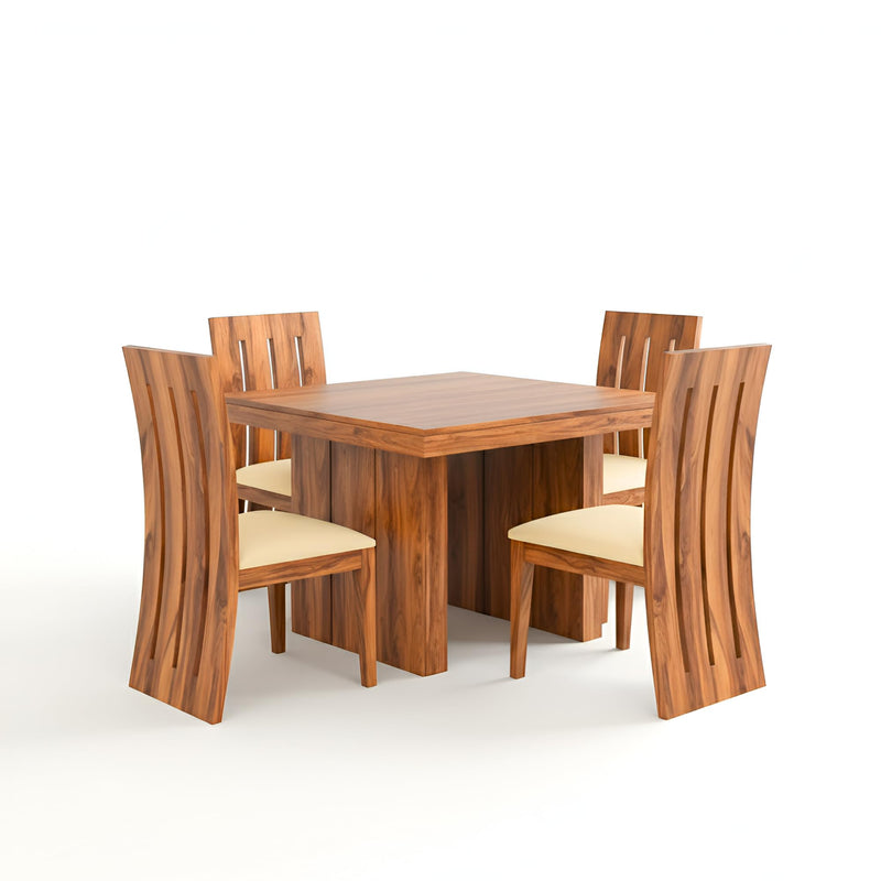 Poster Cushion Solid Sheesham Wood 4 Seater Dining Table Set - Natural Finish | Poster 4 Seater Cushion Natural D2