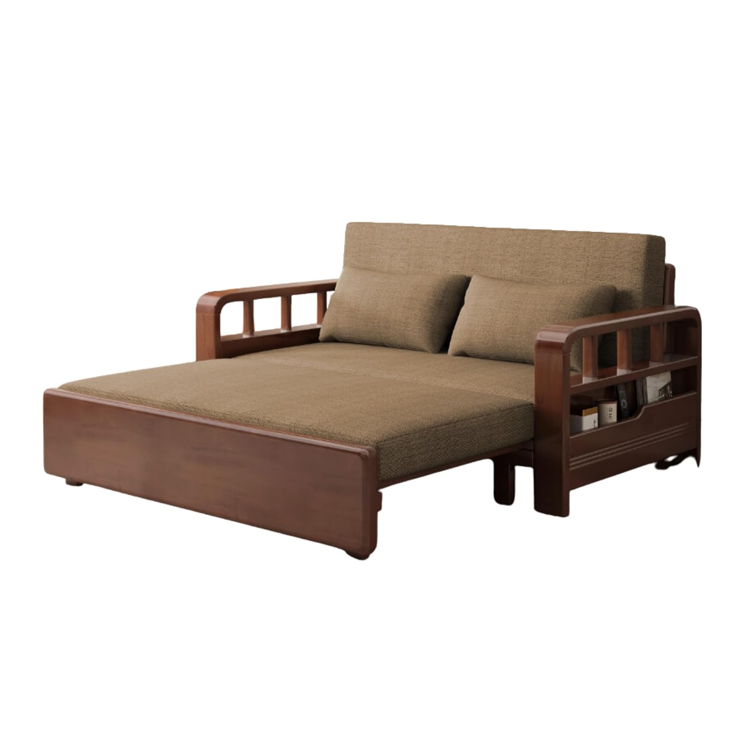 Relaxio Wooden 3 Seater Sofa Cum Bed with Storage - Oak Wood - Coffee Cushion