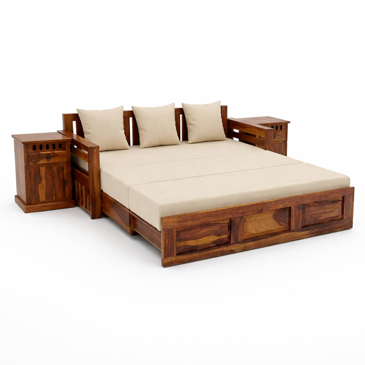 Regal With Bedside Solid Sheesham Wood Sofa Cum Bed in natural finish - backrest detail