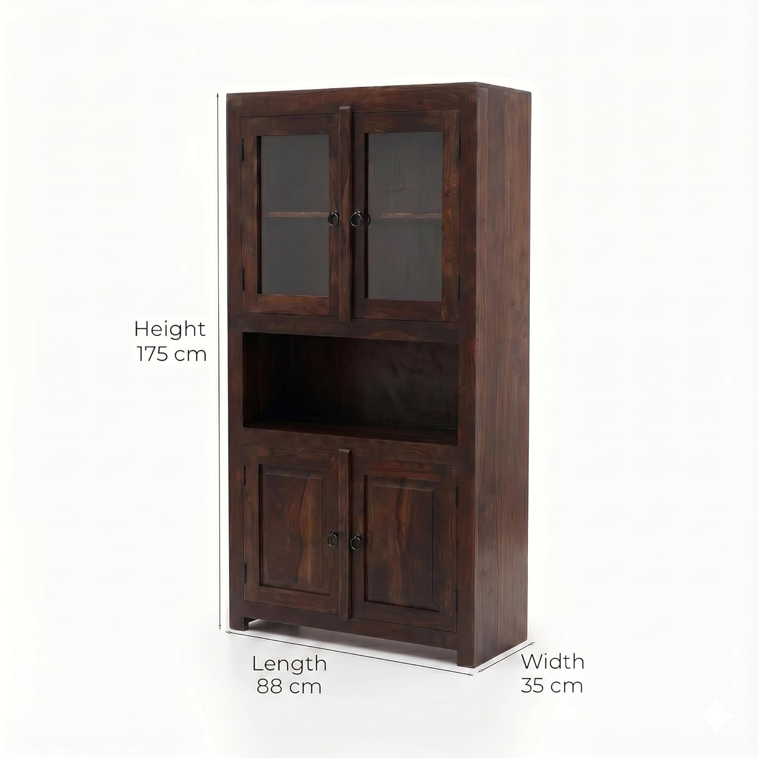 4 Door Sheesham Wood Bookshelf & Crockery Cabinet - Walnut Finish