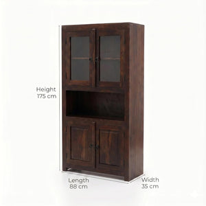 4 Door Sheesham Wood Bookshelf & Crockery Cabinet - Walnut Finish