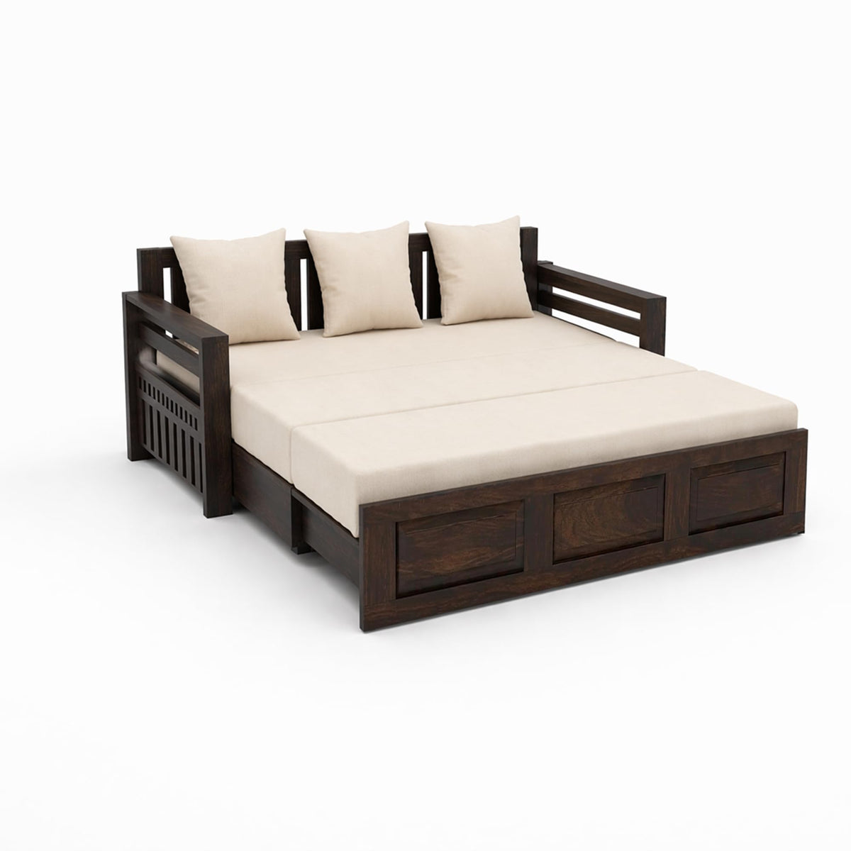 Regal Solid Sheesham Wood Sofa Cum Bed in walnut finish - close-up of the walnut finish and wood grain