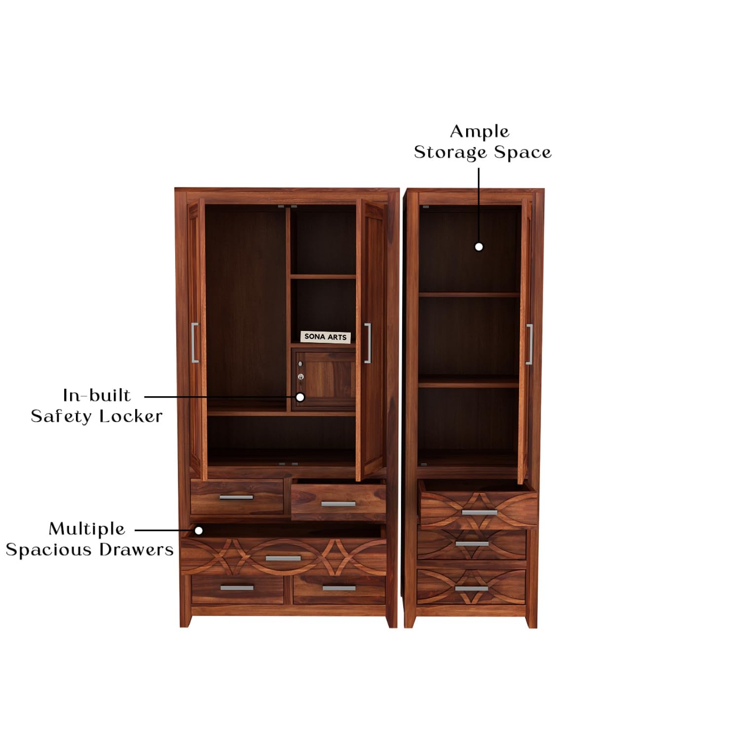 CNC Sheesham Wood 3 Door Wardrobe with 8 Drawers Storage - Natural Finish