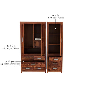 CNC Sheesham Wood 3 Door Wardrobe with 8 Drawers Storage - Natural Finish