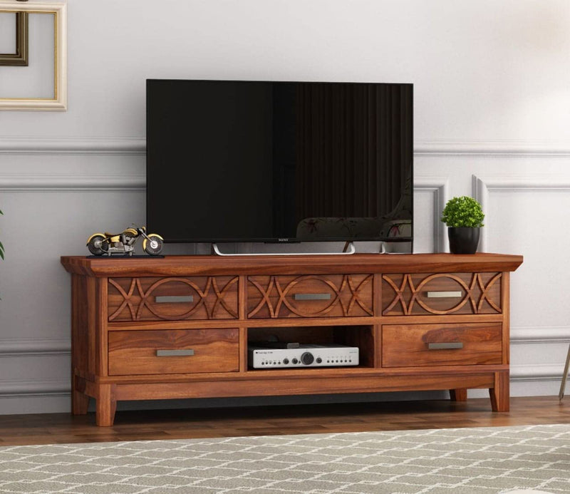 CNC Solid Sheesham Wood TV Unit for Living Room - Natural Finish | TVC-06