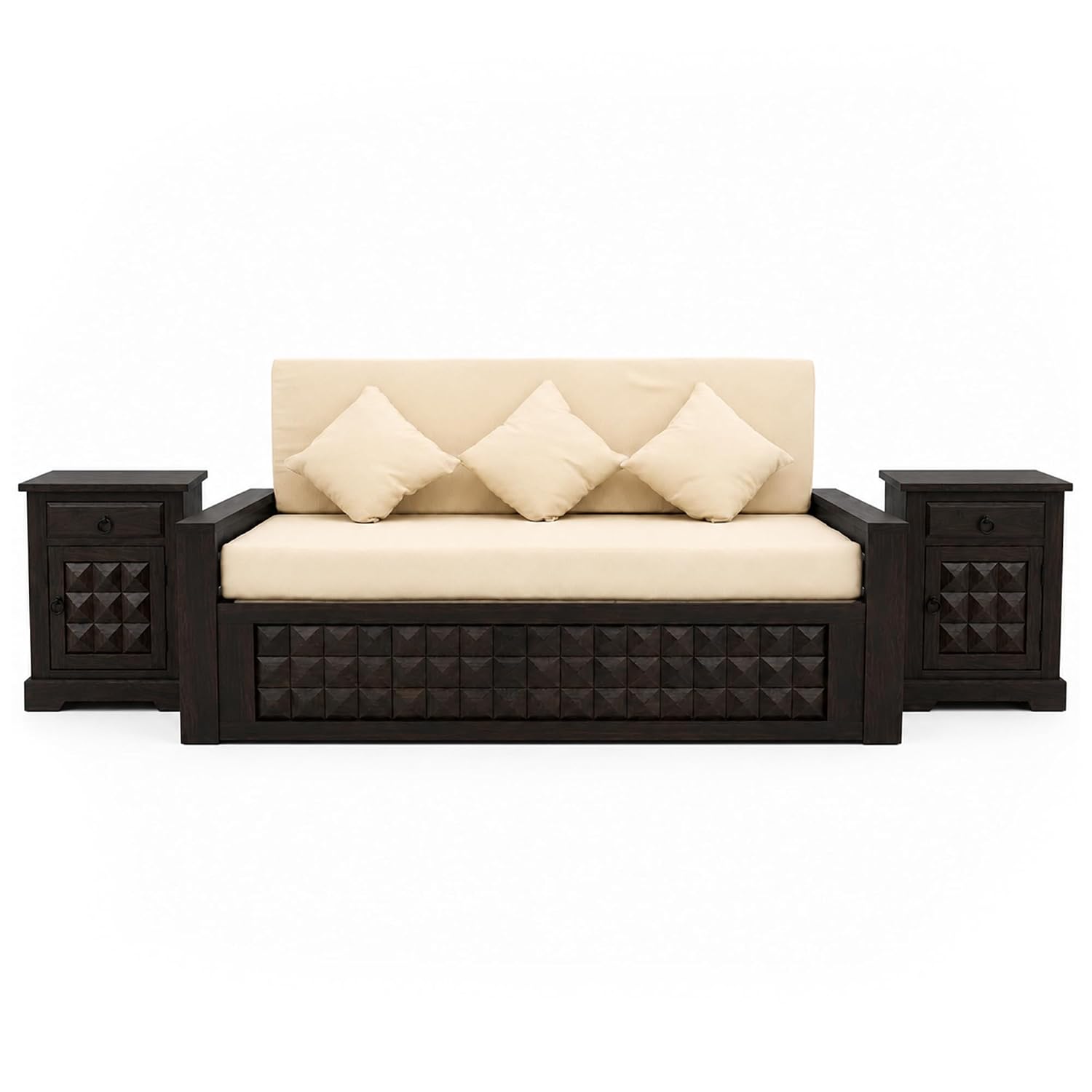 Diamond With Bedside Solid Sheesham Wood Sofa Cum Bed - Walnut Finish