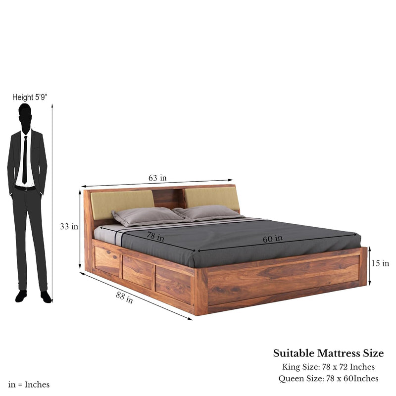 Hades Wooden Queen Size Bed With Box Storage - Natural Finish
