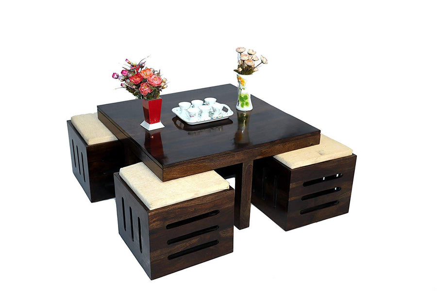 Japani Capsule Cushion Solid Sheesham Wood Coffee Table in walnut finish