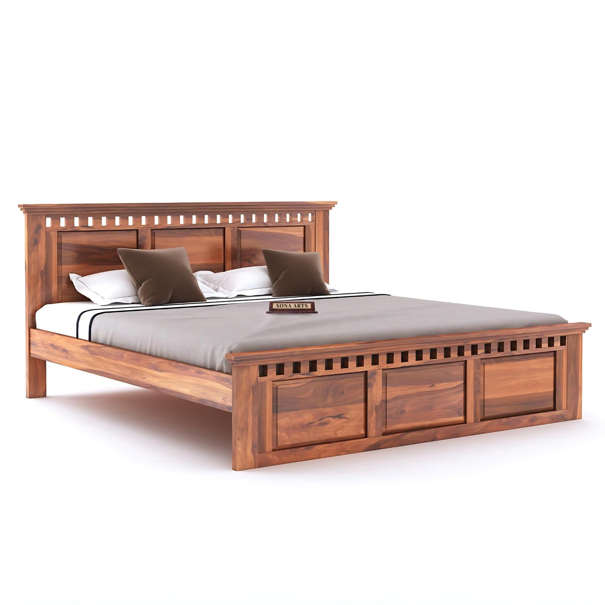 Kuber Solid Sheesham Wood Queen Size Bed without Storage & 2 Bedside Tables - Natural Finish