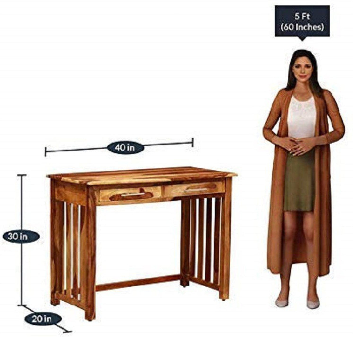 Normal 2-Drawer Solid Sheesham Wood Study Table in natural finish - drawer detail