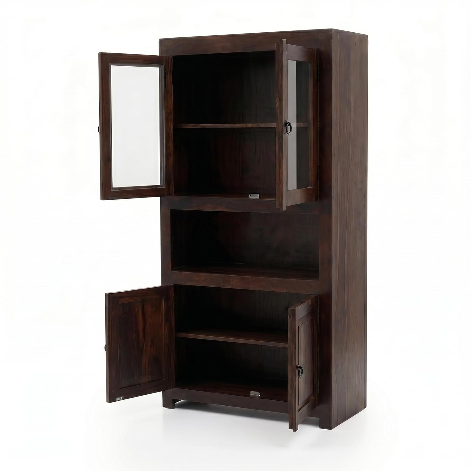 4 Door Sheesham Wood Bookshelf & Crockery Cabinet - Walnut Finish