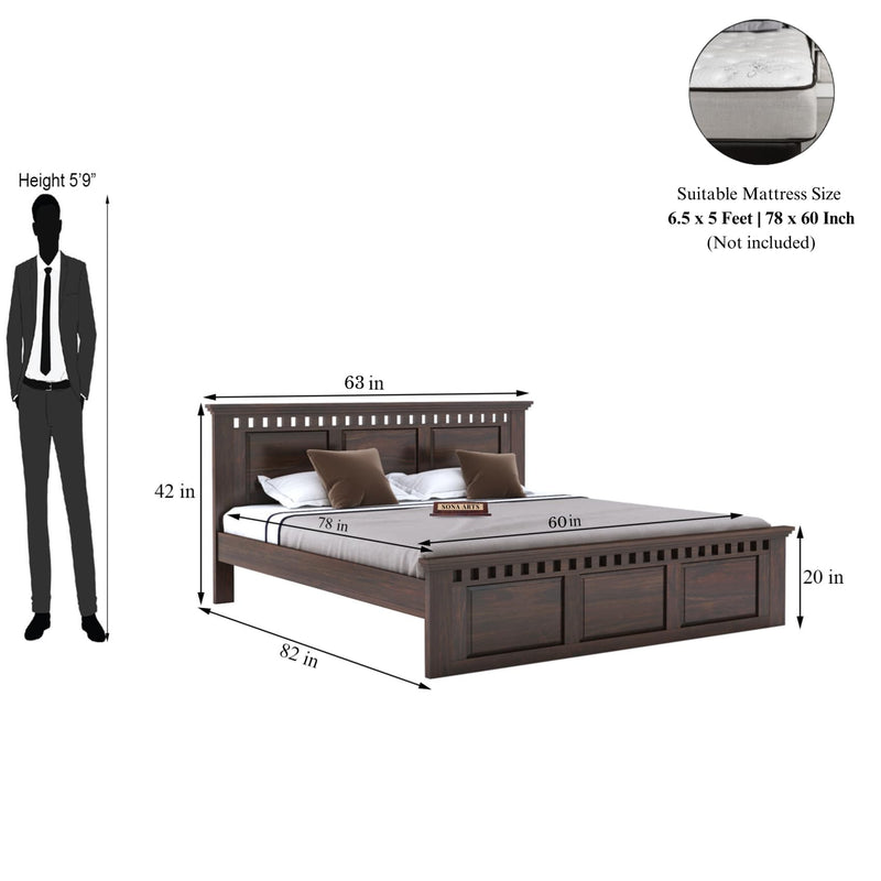 Kuber Solid Sheesham Wood Queen Size Bed without Storage & 2 Bedside Tables - Walnut Finish