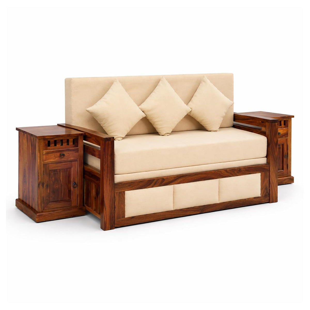Zeus With Bedside Solid Sheesham Wood Sofa Cum Bed in natural finish - styled in a living room