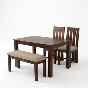 Poster Solid Sheesham Wood 4 Seater Dining Table Set with Bench - Walnut Finish