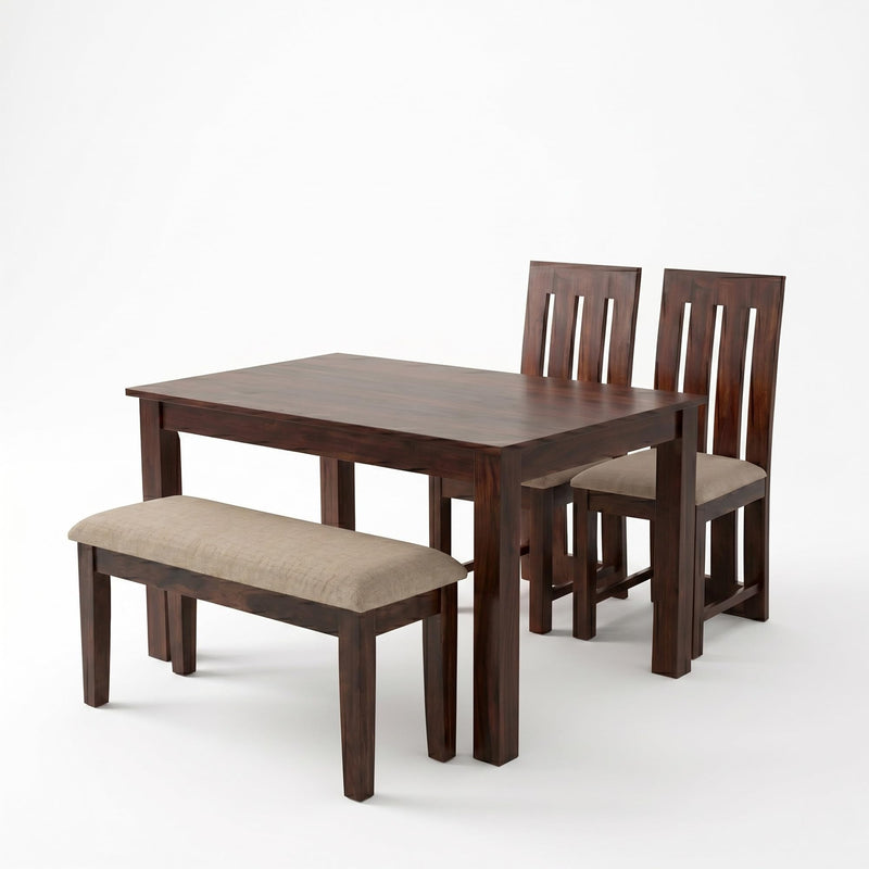 Poster Solid Sheesham Wood 4 Seater Dining Table Set with Bench - Walnut Finish