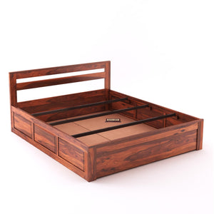 Eros Solid Sheesham Wood King Size Bed with Box Storage - Natural Finish
