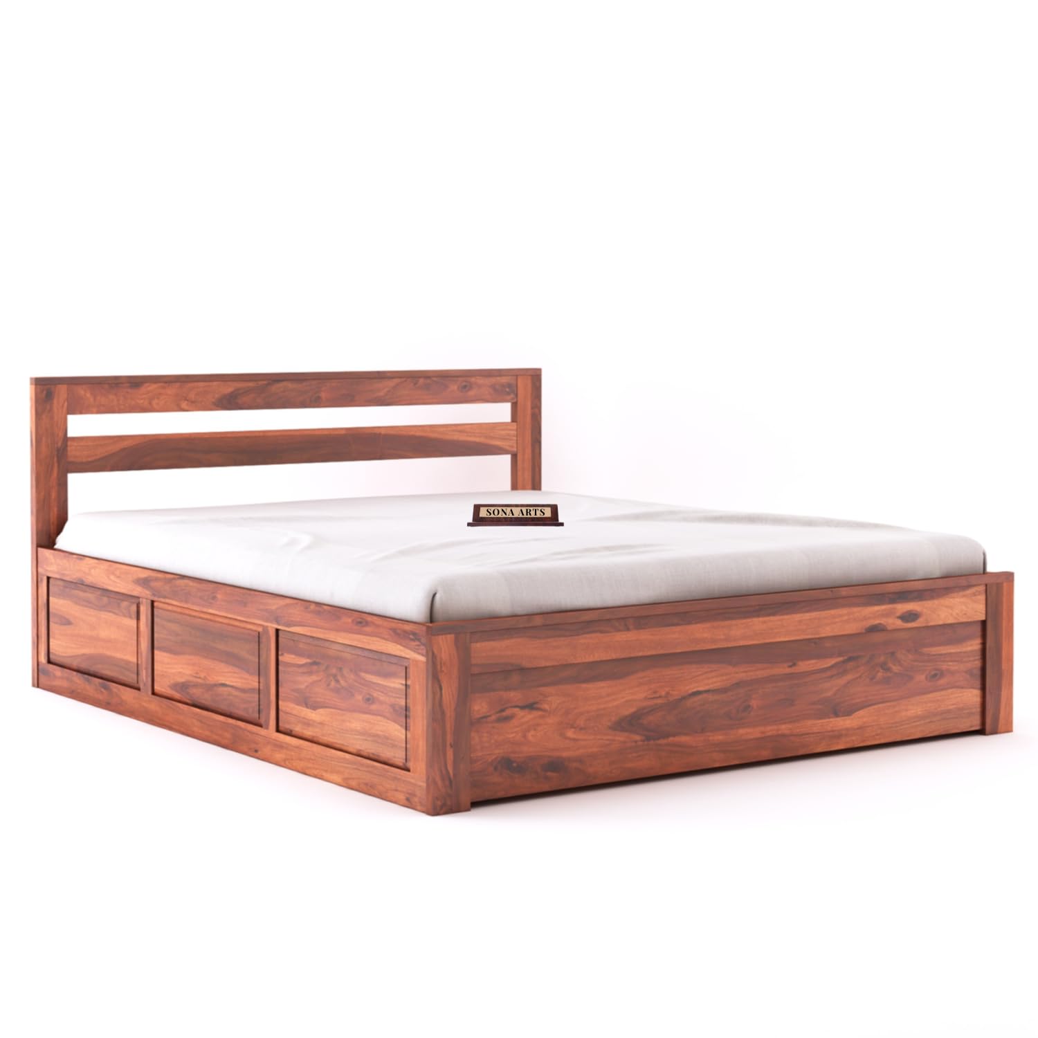 Eros Solid Sheesham Wood Queen Size Bed with Box Storage - Natural Finish