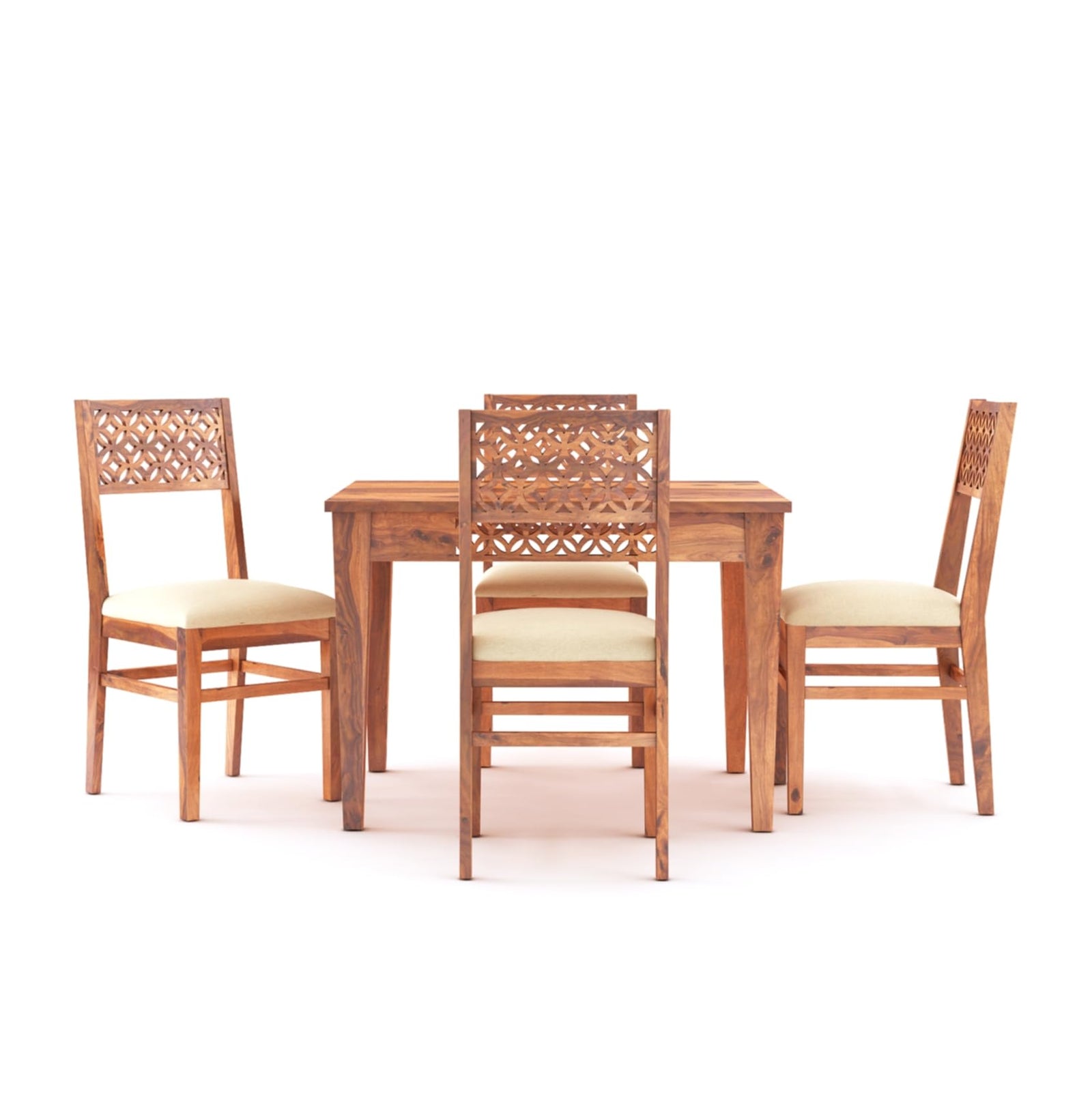 CNC Solid Sheesham Wooden Dining Table 4 Seater Finish - Honey
