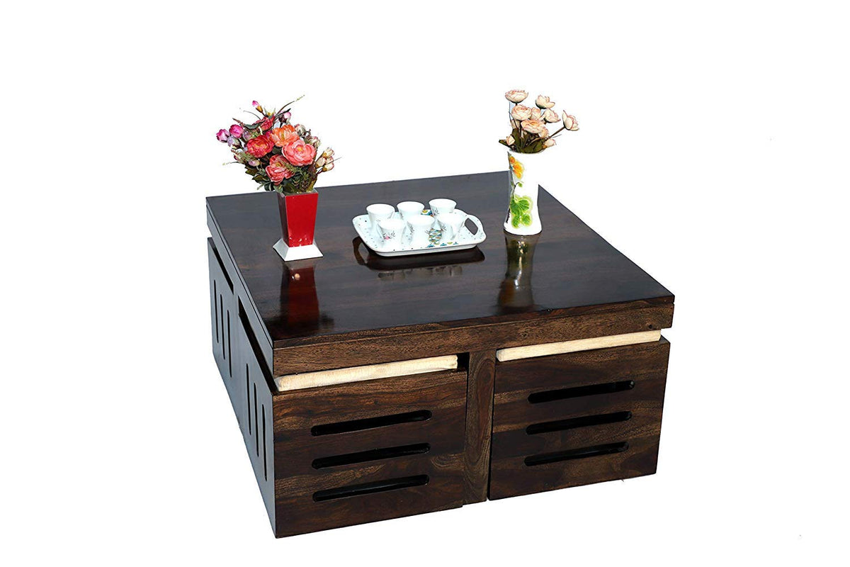 Japani Capsule Cushion Solid Sheesham Wood Coffee Table in walnut finish - side angle view