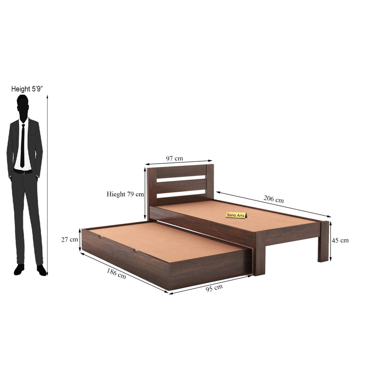 Eros Solid Sheesham Wood Single Size Trundle Bed in walnut finish - corner angle view